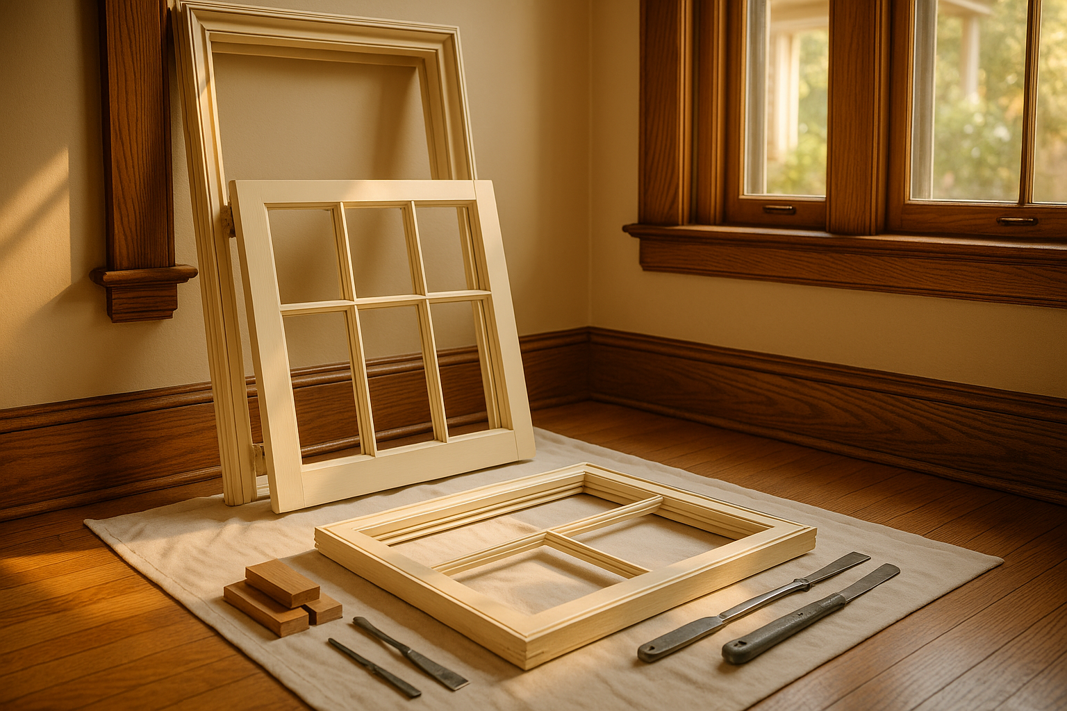 Interior bungalow sash with glass removed, setting blocks and tools on drop cloth, warm golden-hour light, historic trim.