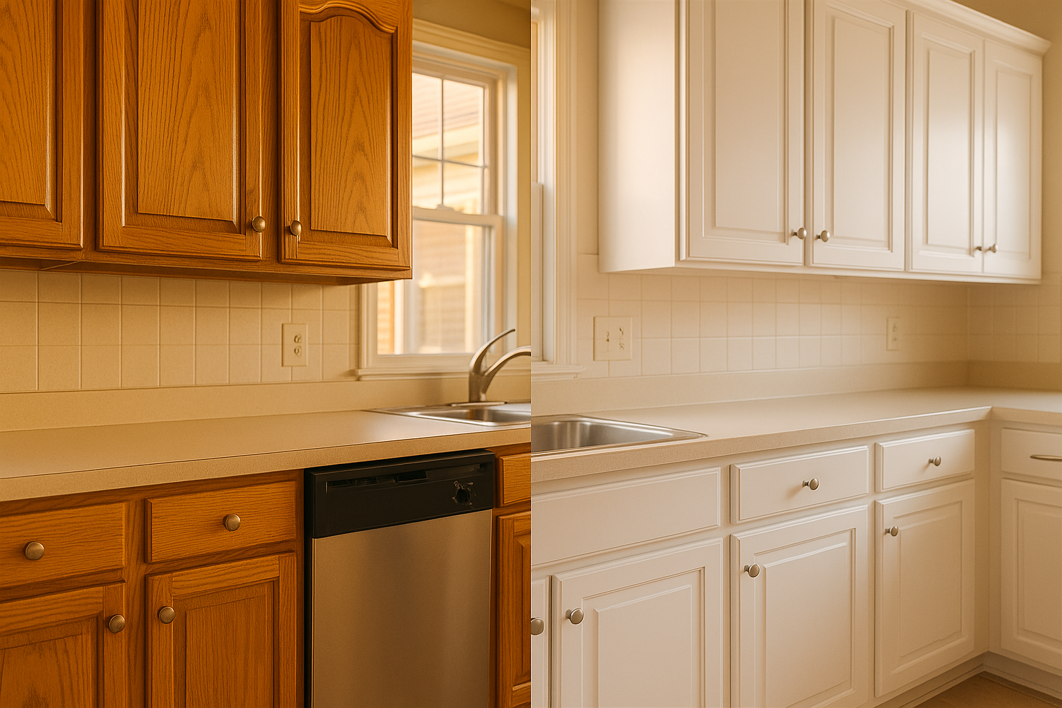 Split before/after Indianapolis kitchen: 1990s golden oak cabinets vs factory-sprayed smooth white cabinets in warm daylight.