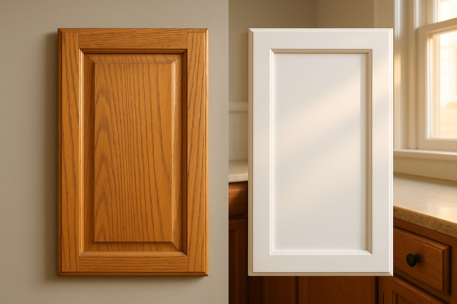 Split cabinet door before-and-after: weathered honey-oak left, filled-grain smooth painted white right in warm window light.
