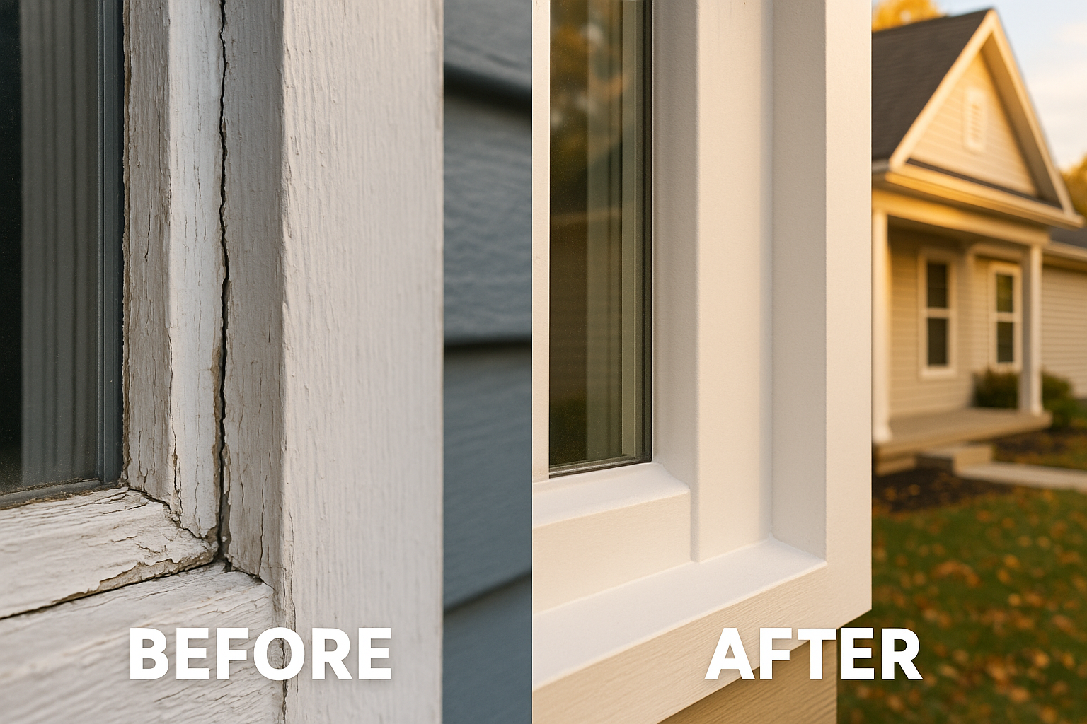 Split window before-and-after: left cracked caulk 1/8 inch gap, right neat concave tooled bead, warm golden hour on painted trim.