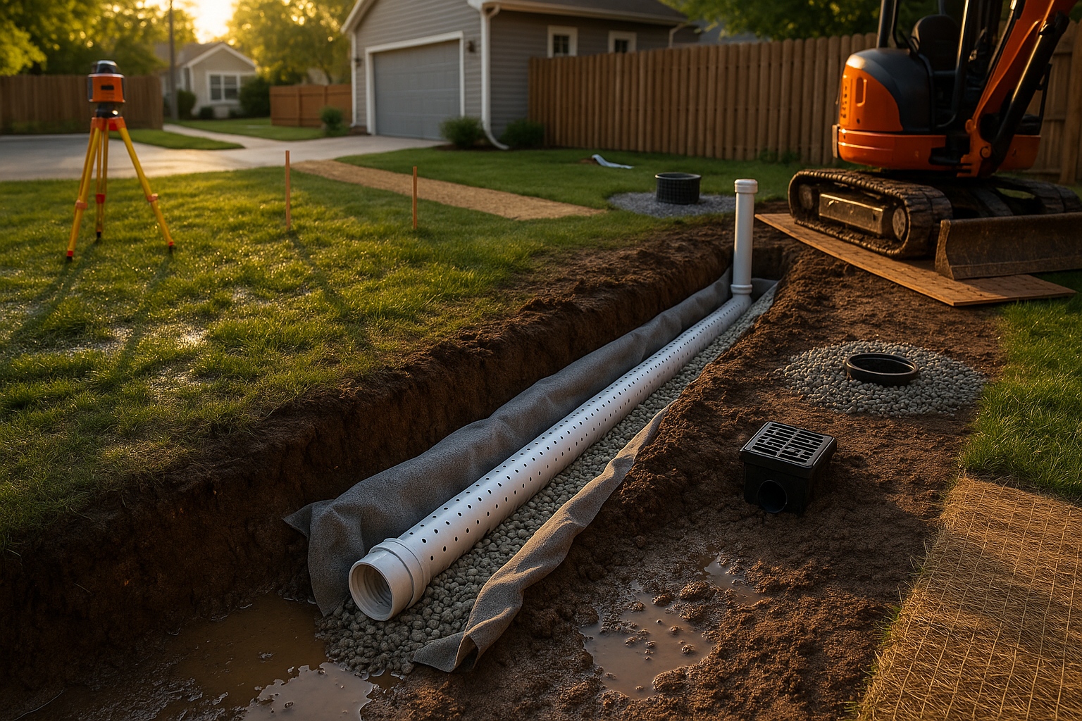 Wide Broad Ripple backyard with open trench, perforated PVC in gravel, cleanout, catch basin, dry well, mini-excavator at golden hour.