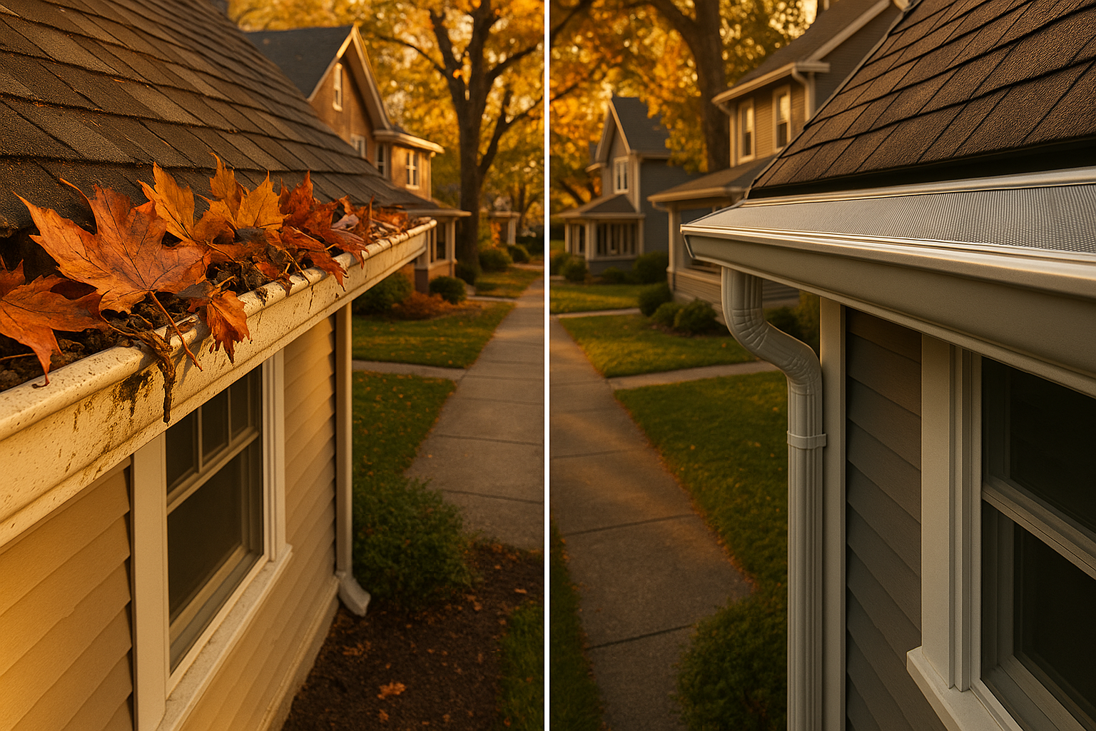 Golden-hour Indianapolis street with mature trees; foreground houses show overflowing gutter and adjacent clean micro-mesh gutter guard.