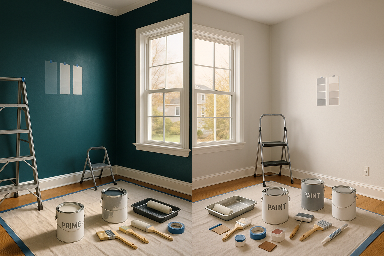 12x12 Indianapolis bedroom split before (dark teal with ghosting) and after (even light-gray), tools, opened primer, ladder, warm daylight.