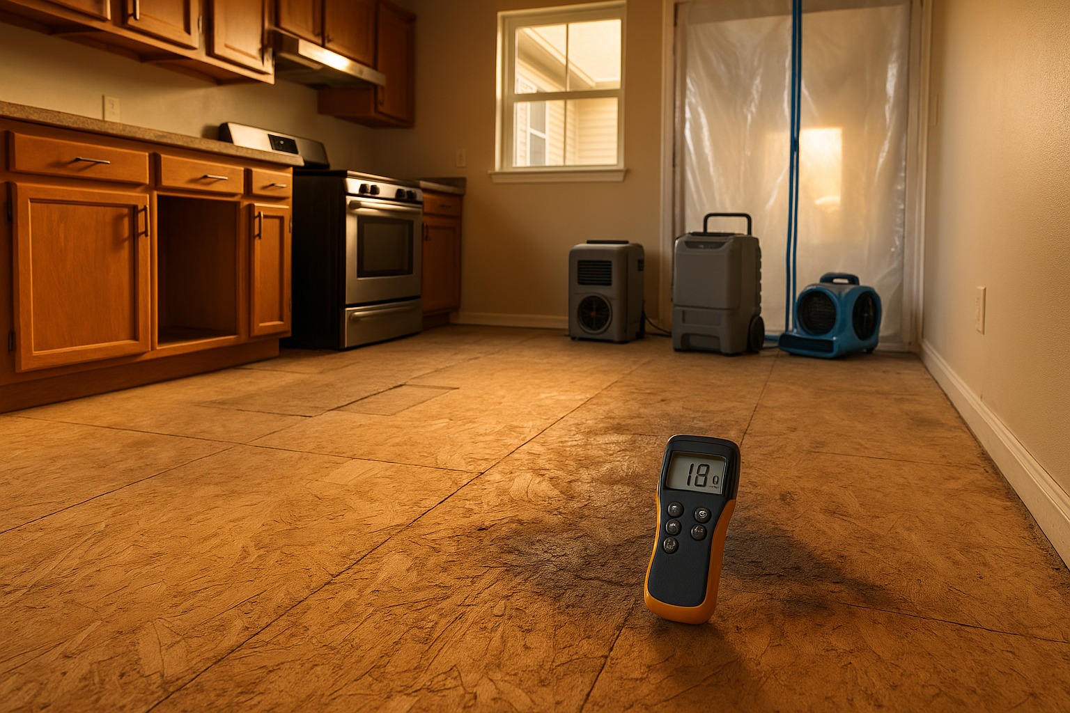 Wide Indianapolis kitchen with swollen delaminated OSB subfloor, moisture meter 18%, containment and dehumidifier in warm light.