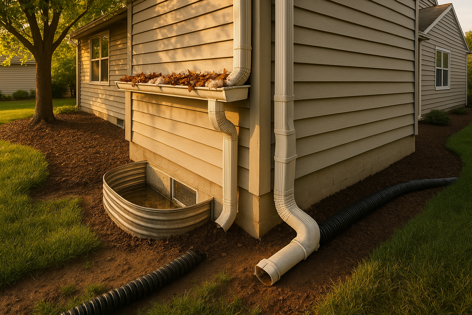 Suburban house at golden hour with clogged gutters, cracked downspout, buried extension, rigid drain pipe and standing water by window well.