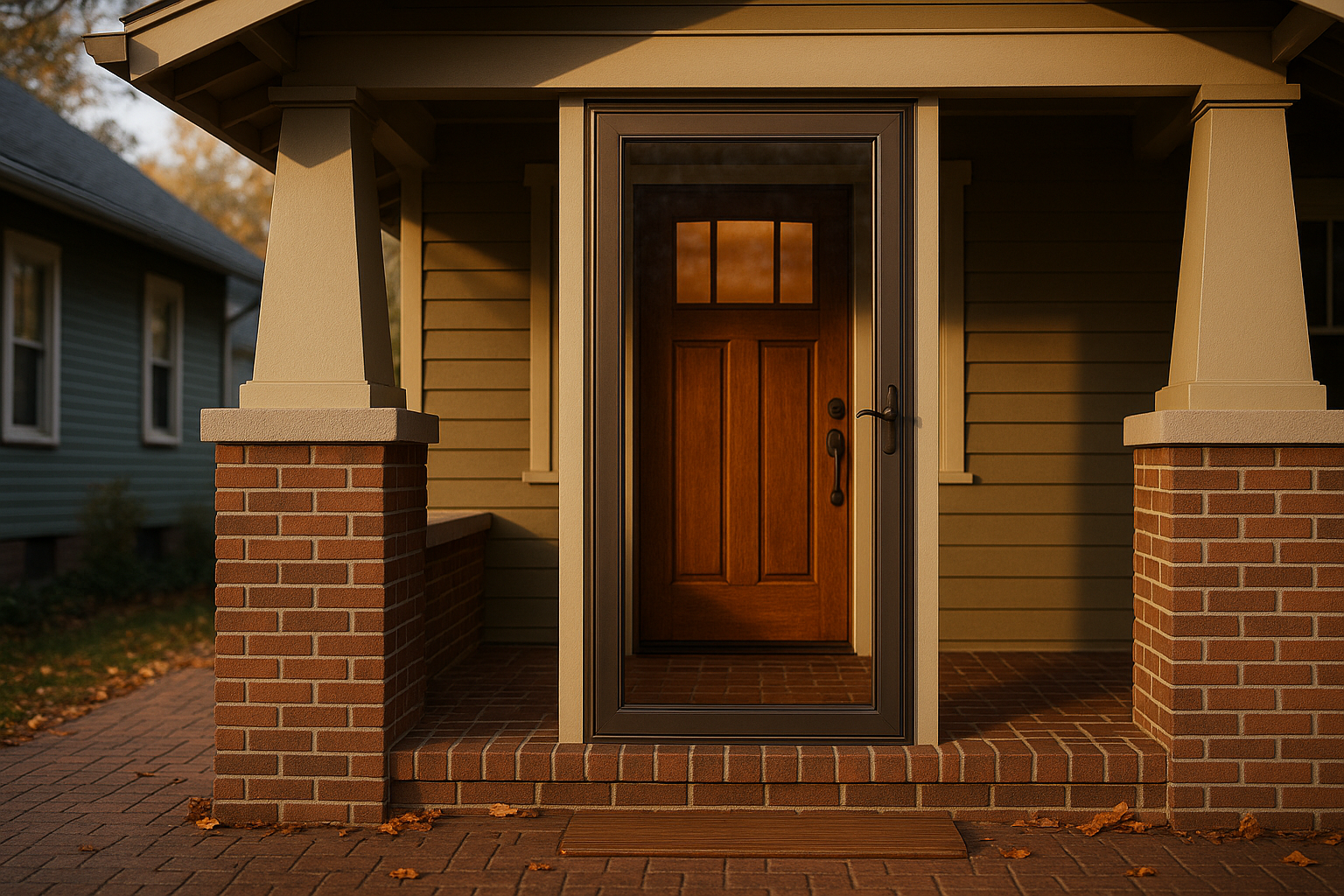 Full-view storm door on Craftsman bungalow entry with Low-E glass, aluminum frame, warm golden-hour light.