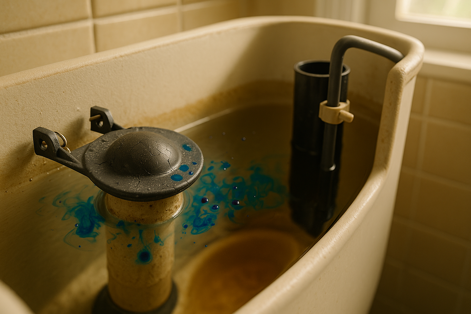 Close-up toilet tank interior with flapper, flush valve, dye test colored water in bowl, warm daylight, porcelain and tile.