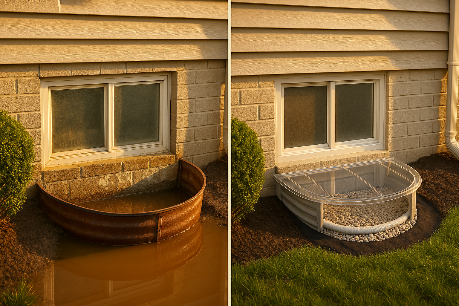 Before-and-after window well: left flooded and rusty, right retrofitted with 4" drain, gravel, geotextile, cover, golden hour.
